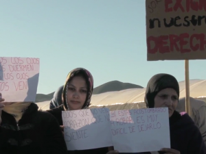 Six women in a desert landscape hold up protest signs